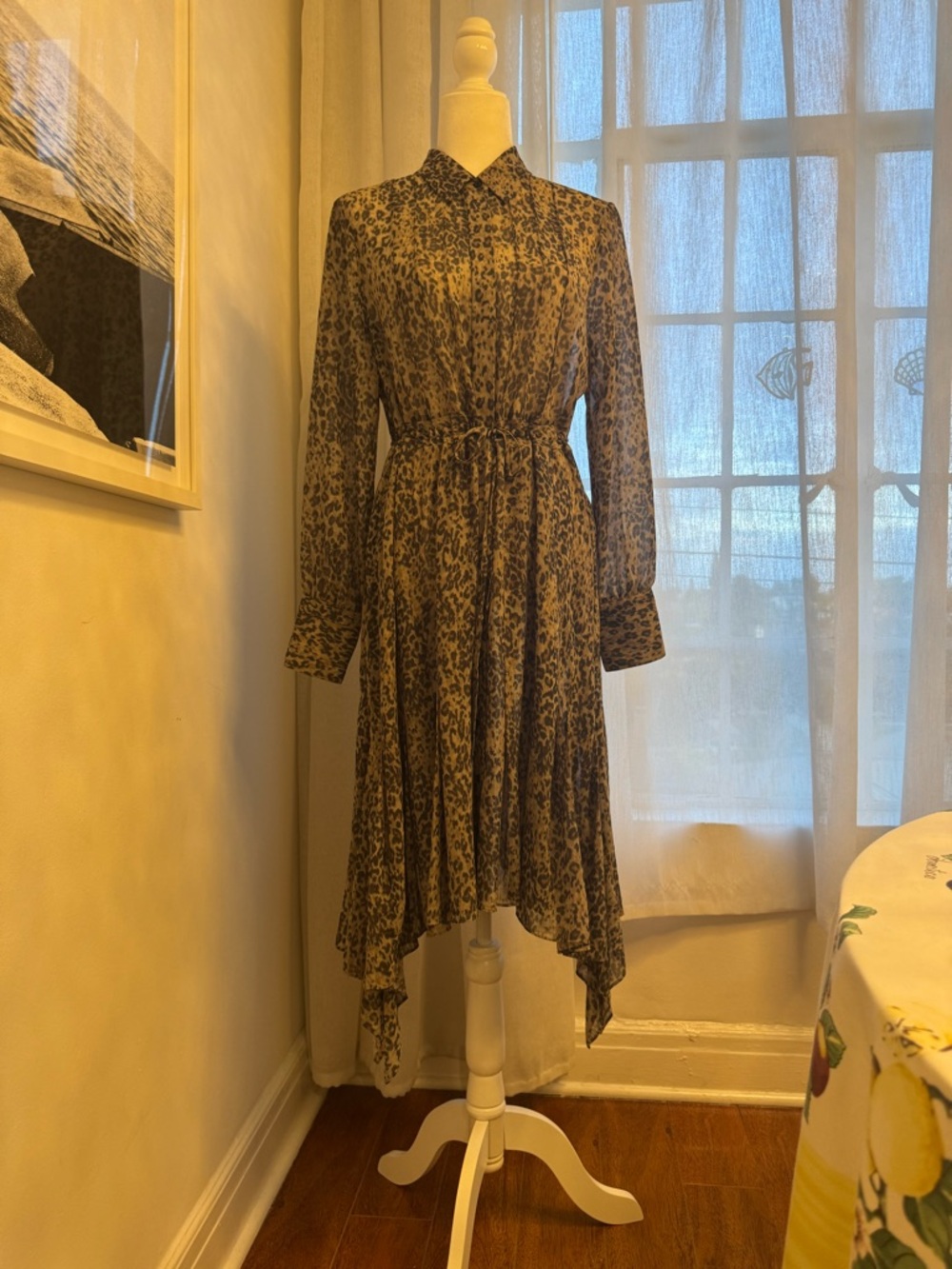 AllSaints Chic Taupe and Black Leopard Chiffon Handkerchief Hem Midi Dress